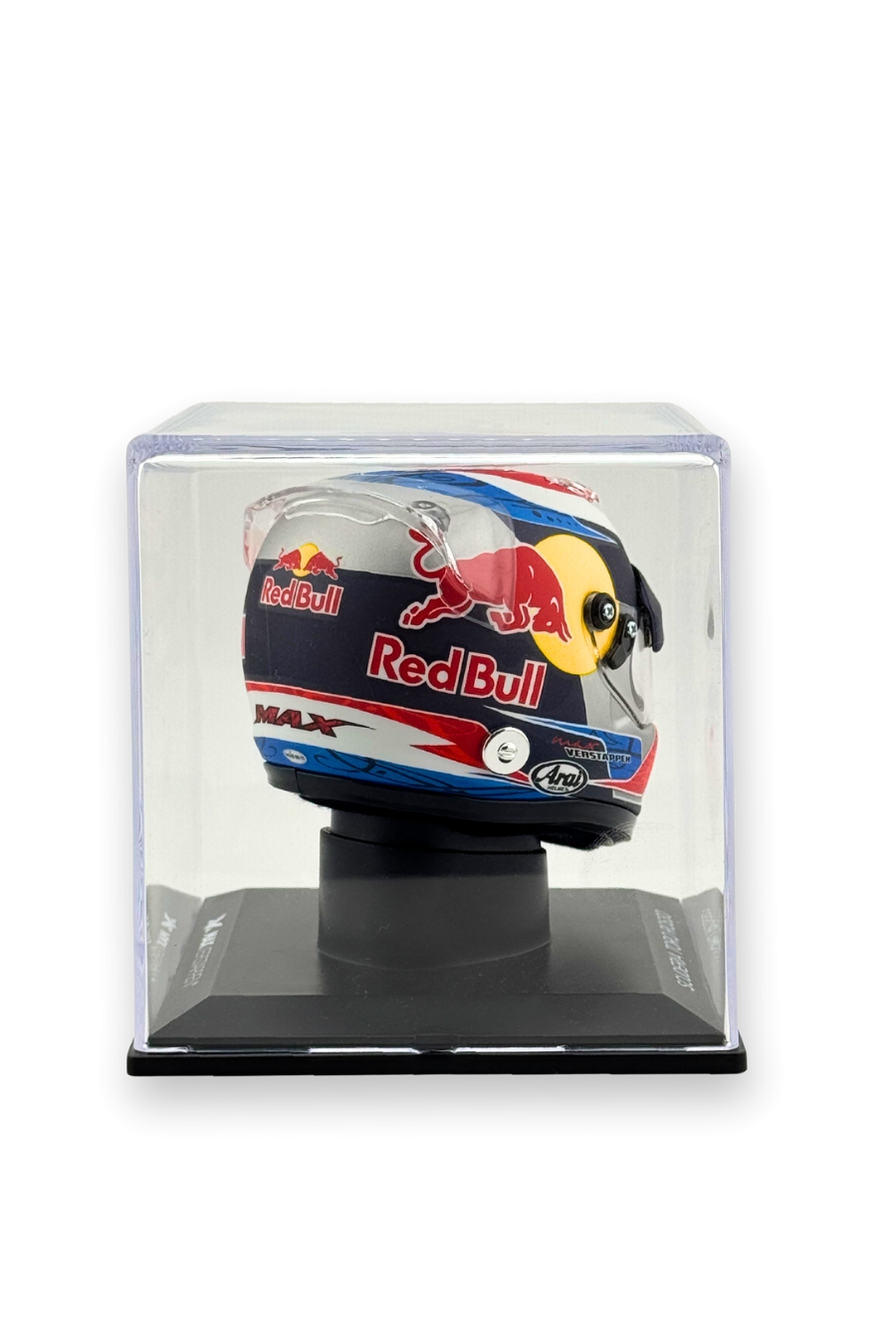 Right side view of Max Verstappen 2015 Red Bull Renault helmet, showing Red Bull branding and Verstappen name detail.