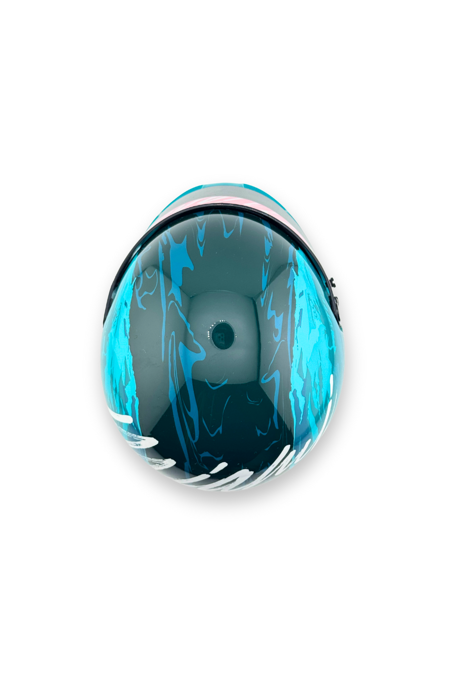 Top view of 2024 Miami GP Paddock Club Bell mini helmet, showing teal and dark wave pattern design.