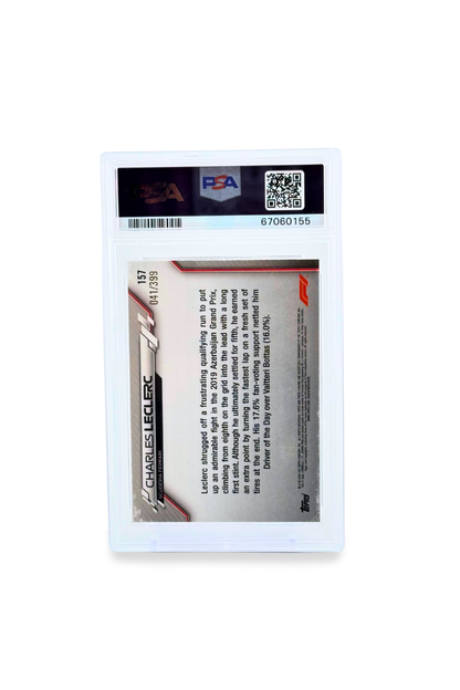 back of 2020 Topps Chrome F1 Charles Leclerc Purple Refractor #157 PSA 10 GEM MINT Driver of the Day Azerbaijan GP 