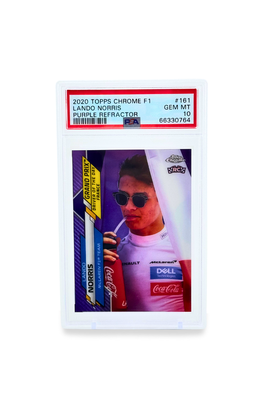 front of 2020 Topps Chrome F1 Lando Norris Purple Refractor #161 PSA 10 Rookie Card France GP Driver of the Day