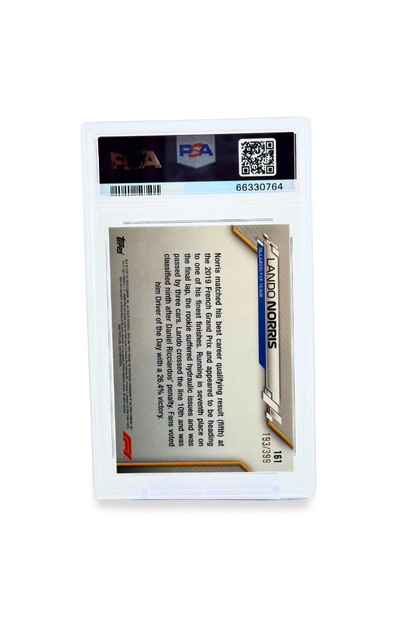 back of  2020 Topps Chrome F1 Lando Norris Purple Refractor #161 PSA 10 Rookie Card France GP Driver of the Day