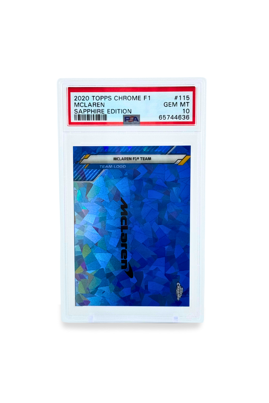 Front of 2020 Topps Chrome F1 McLaren Team Logo Sapphire Edition PSA 10 slab.