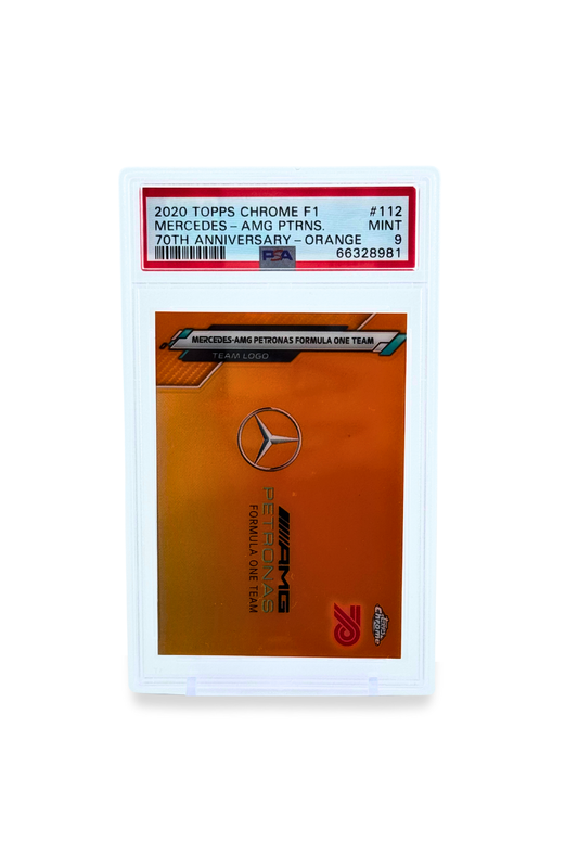 2020 Topps Chrome F1 Mercedes-AMG Petronas Team Logo 70th Anniversary Orange #112 PSA 9 Mint Front