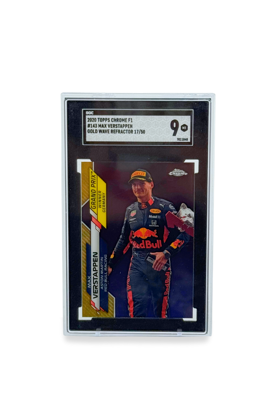 2020 Topps Chrome F1 Max Verstappen #143 Gold Wave Refractor serial numbered 17/50, graded SGC 9 Mint.