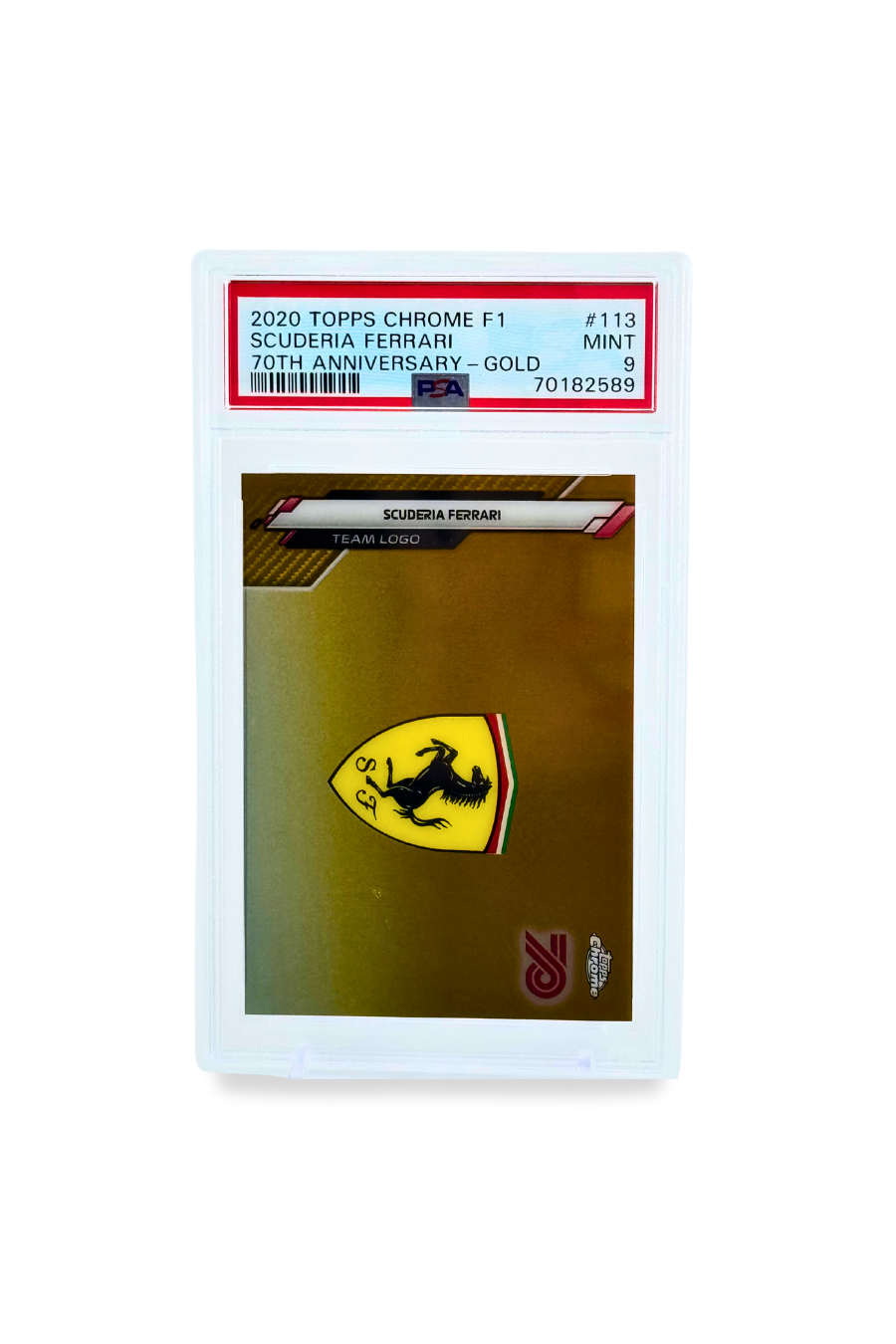 Front of 2020 Topps Chrome F1 Scuderia Ferrari Team Logo 70th Anniversary Gold PSA 9 slab.