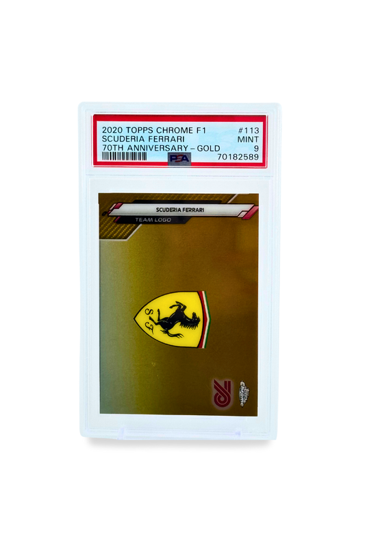 Front of 2020 Topps Chrome F1 Scuderia Ferrari Team Logo 70th Anniversary Gold PSA 9 slab.