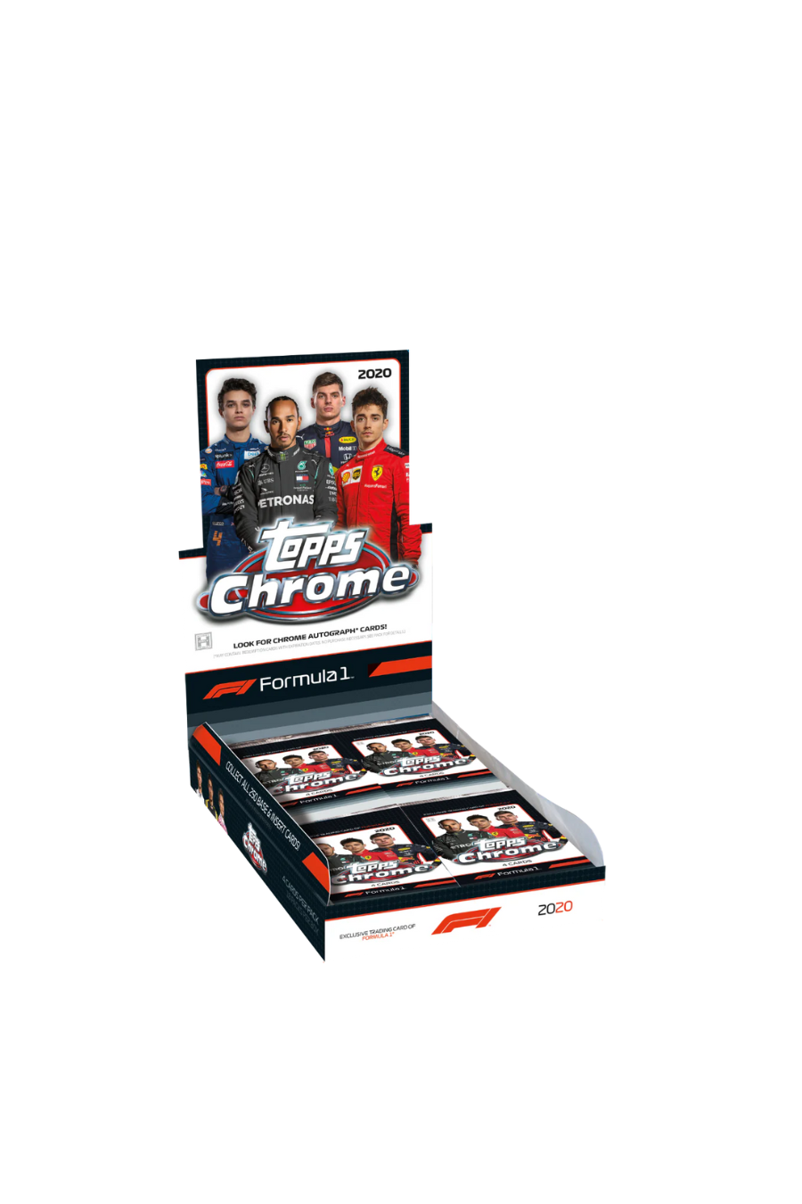 Front of sealed 2020 Topps Formula 1 Chrome Hobby Box featuring Lewis Hamilton and Max Verstappen.