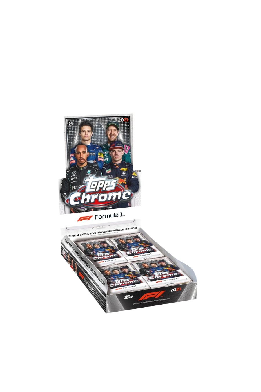 Sealed 2021 Topps Formula 1 Chrome Hobby Lite Box featuring F1 drivers and branding.