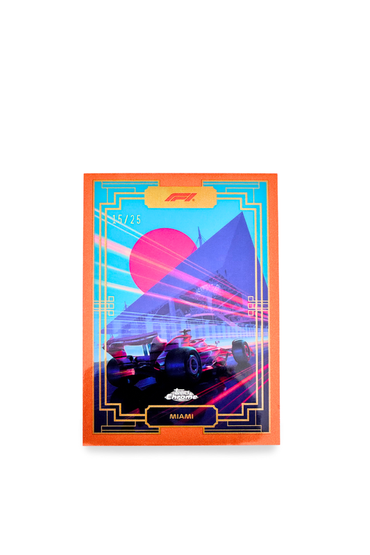 Front of 2023 Topps Chrome F1 Miami Art du Grand Prix Orange Refractor.
