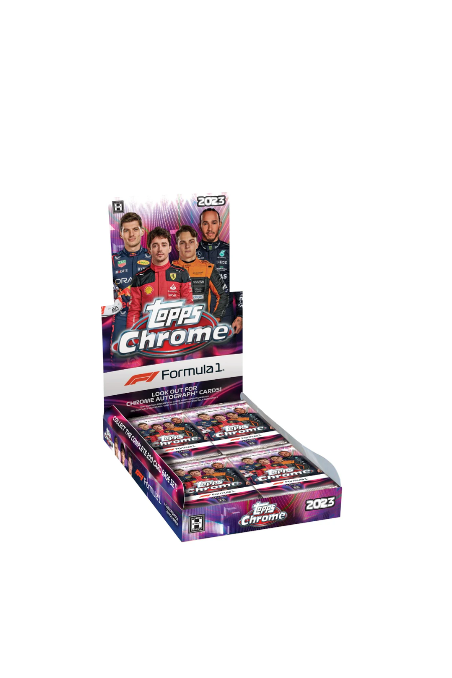 Sealed 2023 Topps Formula 1 Chrome Hobby Box with modern F1 branding and driver graphics.
