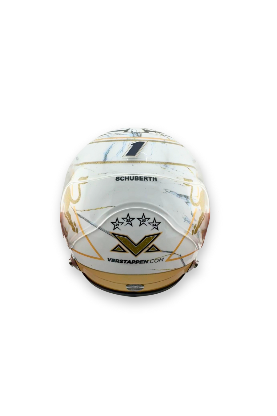 ack view of Max Verstappen 2024 World Champion helmet with “1” number, Verstappen.com logo, and championship stars (2021–2024).