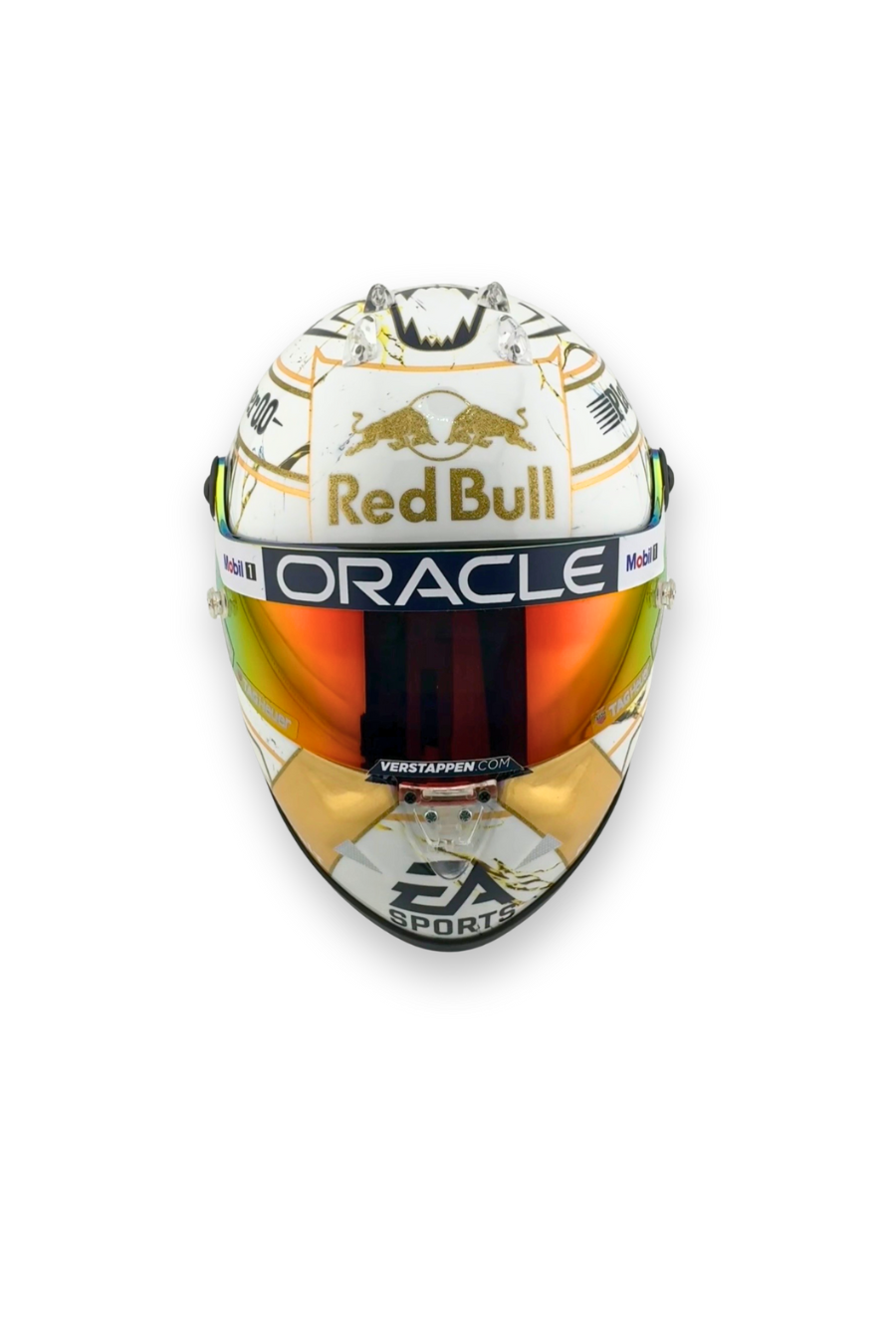 Front view of Max Verstappen 2024 World Champion helmet (1:2 scale), featuring Red Bull, Oracle, and EA Sports branding.