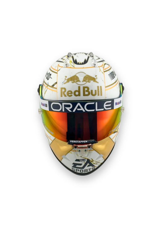Front view of Max Verstappen 2024 World Champion helmet (1:2 scale), featuring Red Bull, Oracle, and EA Sports branding.