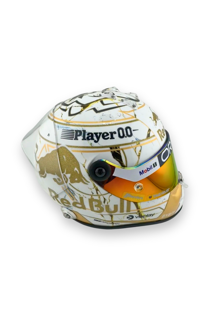 Side angle of Max Verstappen 2024 World Champion helmet showing Red Bull branding and visor detail.