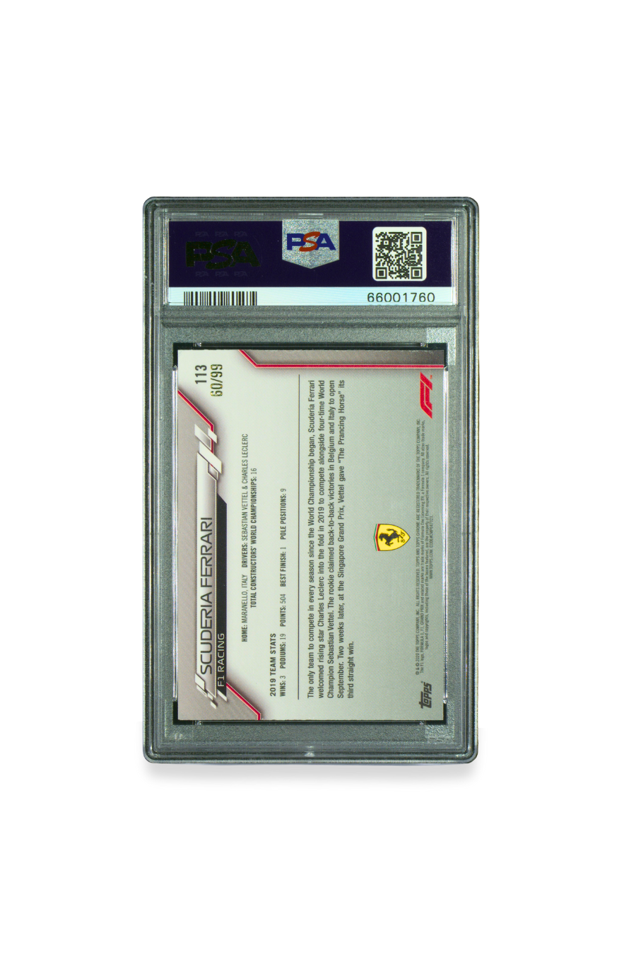 Back of 2020 Topps Chrome F1 Scuderia Ferrari Aqua Sapphire card showing serial number 60/99 and team history.