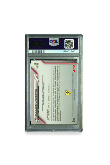 Back of 2020 Topps Chrome F1 Scuderia Ferrari Aqua Sapphire card showing serial number 60/99 and team history.