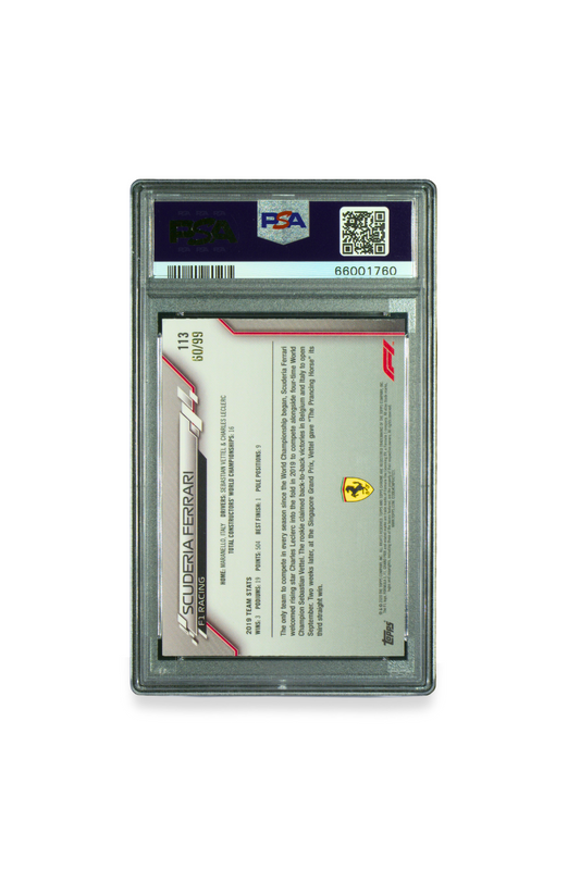 Back of 2020 Topps Chrome F1 Scuderia Ferrari Aqua Sapphire card showing serial number 60/99 and team history.