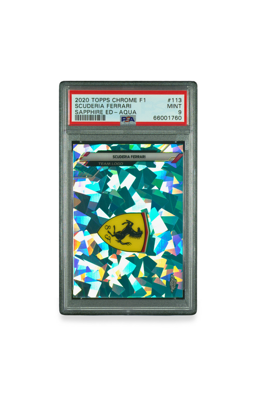 Front of 2020 Topps Chrome F1 Scuderia Ferrari Team Logo Aqua Sapphire card #113, PSA 9, serial numbered 60/99.