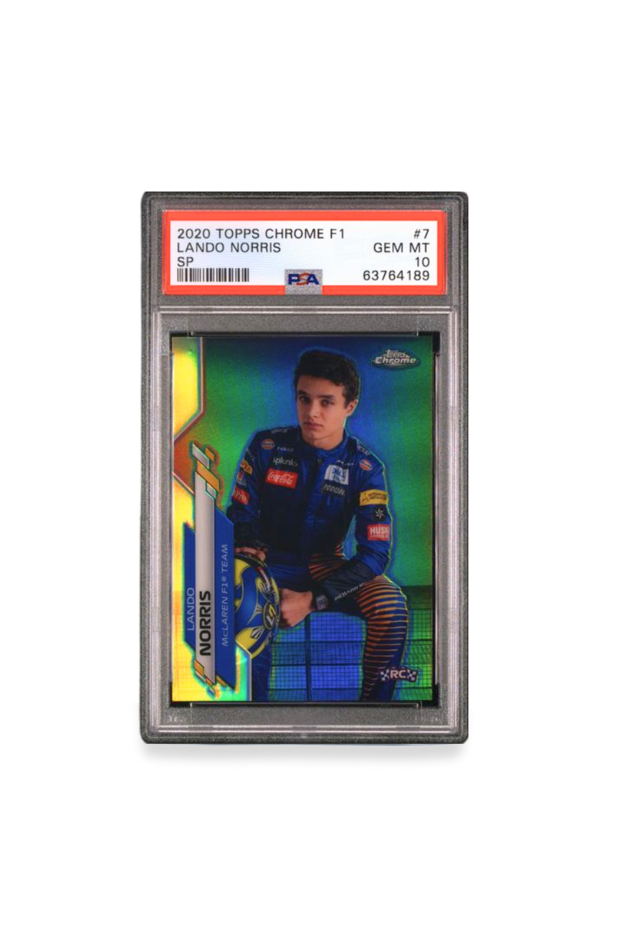 Front of 2020 Topps Chrome F1 Lando Norris Short Print rookie card #7, PSA 10.