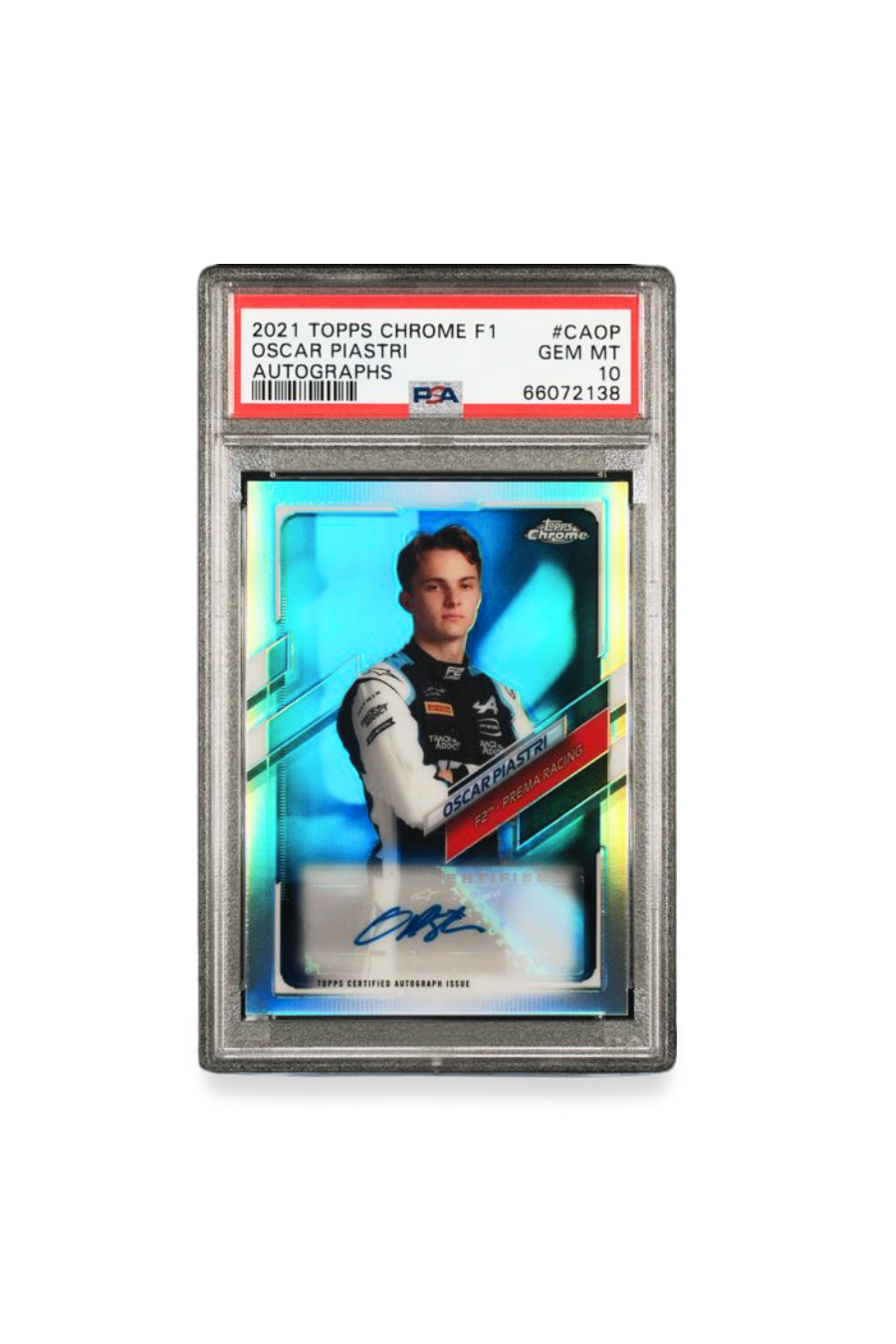 Front of 2021 Topps Chrome F1 Oscar Piastri autograph card #CA-OP, PSA 10.