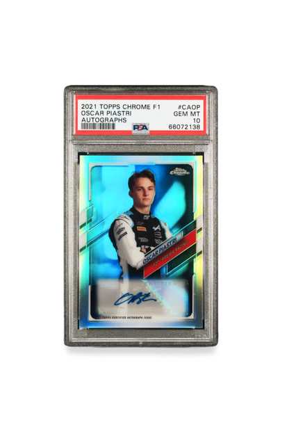 Front of 2021 Topps Chrome F1 Oscar Piastri autograph card #CA-OP, PSA 10.