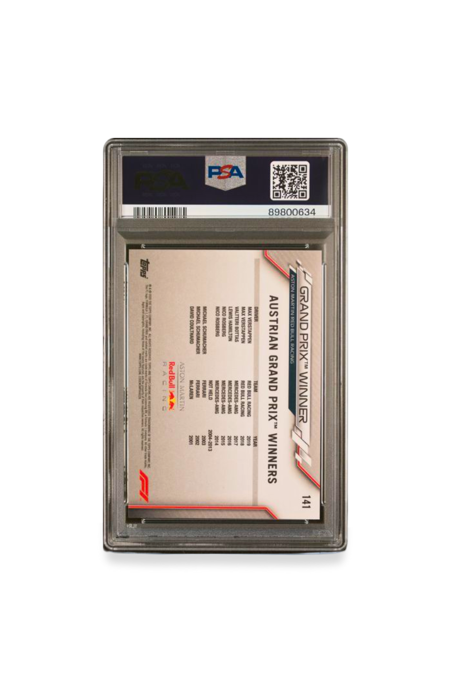 Back of 2020 Topps Chrome F1 Max Verstappen 70th Anniversary Gold #141 PSA 10