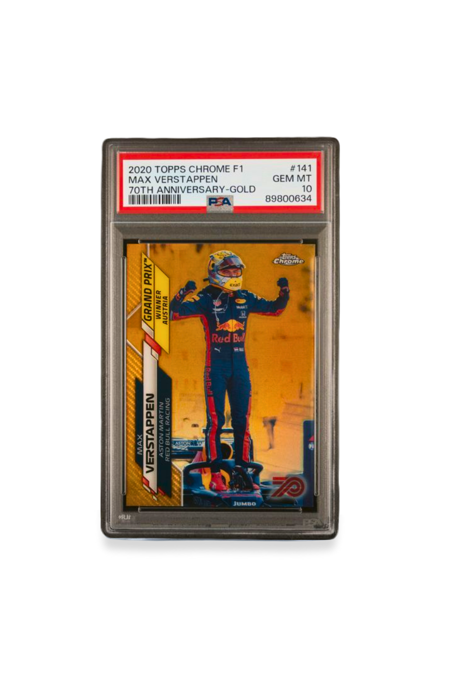 Front of 2020 Topps Chrome F1 Max Verstappen 70th Anniversary Gold #141 PSA 10