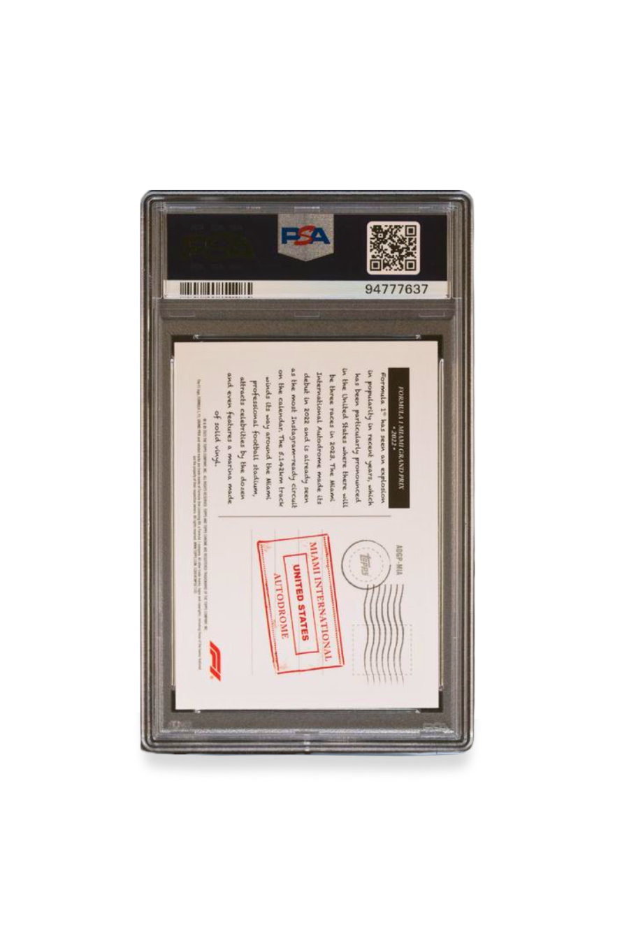 Back of 2023 Topps Chrome F1 Miami Grand Prix Art du Grand Prix #ADGPMIA PSA 9