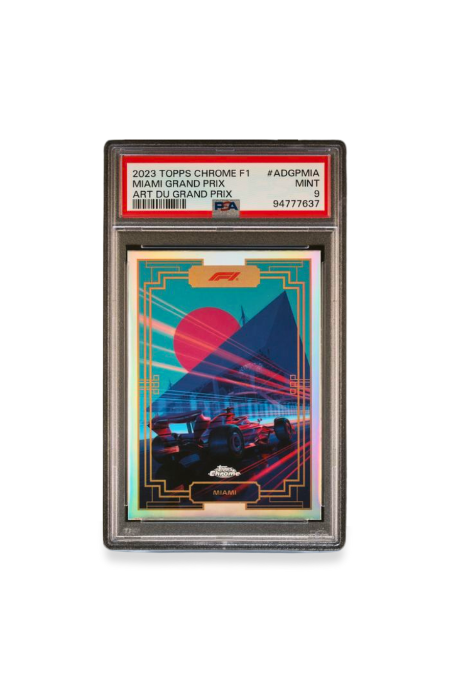 Front of 2023 Topps Chrome F1 Miami Grand Prix Art du Grand Prix #ADGPMIA PSA 9