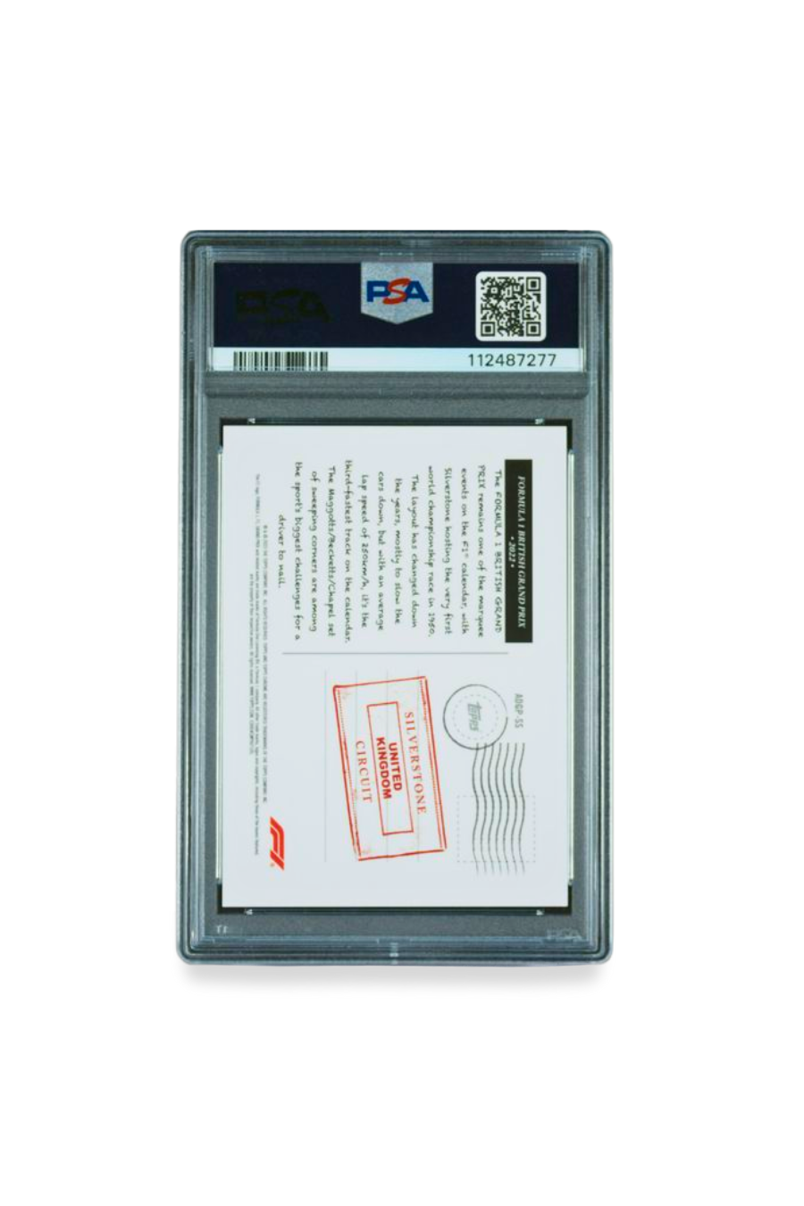 Back of 2023 Topps Chrome F1 British Grand Prix ’22 Art du Grand Prix Orange Refractor #ADGPSS PSA 10