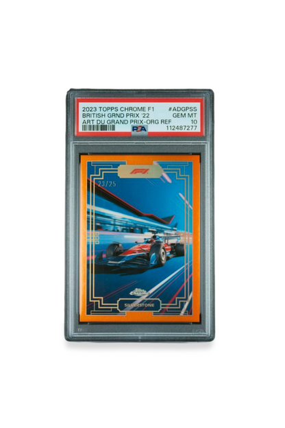 Front of 2023 Topps Chrome F1 British Grand Prix ’22 Art du Grand Prix Orange Refractor #ADGPSS PSA 10