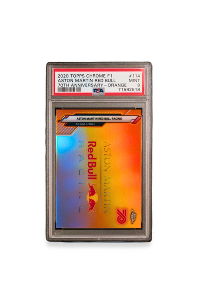 Front of 2020 Topps Chrome F1 Aston Martin Red Bull Racing 70th Anniversary Orange #114 PSA 9
