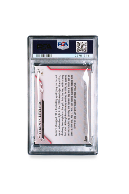 Back of 2020 Topps Chrome F1 Charles Leclerc Sapphire Edition 70th Anniversary card, PSA 10