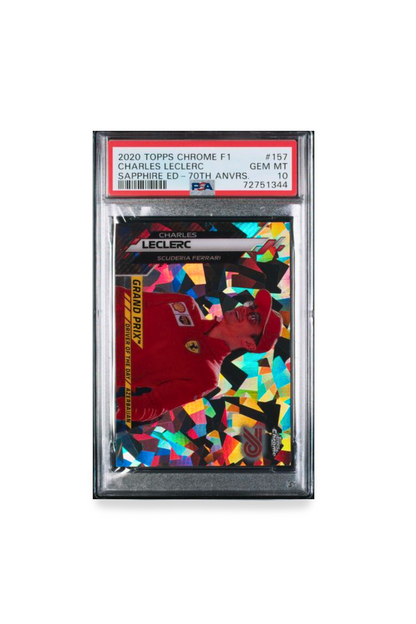 Front of 2020 Topps Chrome F1 Charles Leclerc Sapphire Edition 70th Anniversary card, PSA 10
