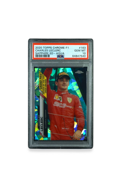 Front of 2020 Topps Chrome F1 Charles Leclerc Sapphire Edition Aqua card #163 graded PSA 10