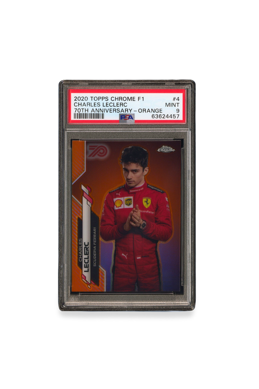Front of 2020 Topps Chrome F1 Charles Leclerc 70th Anniversary Orange card #4 graded PSA 9
