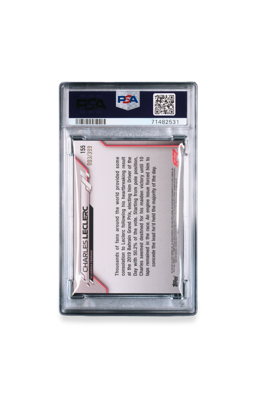 Back of 2020 Topps Chrome F1 Charles Leclerc Purple Refractor card #155 graded PSA 10, serial numbered 003/399