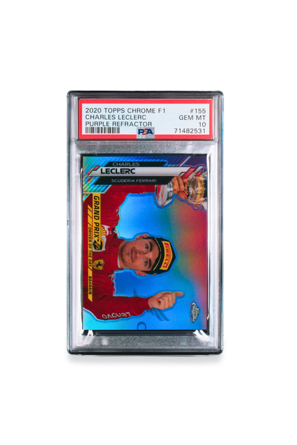 Front of 2020 Topps Chrome F1 Charles Leclerc Purple Refractor card #155 graded PSA 10