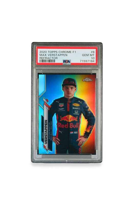 Front of 2020 Topps Chrome F1 Max Verstappen Refractor card #6 graded PSA 10