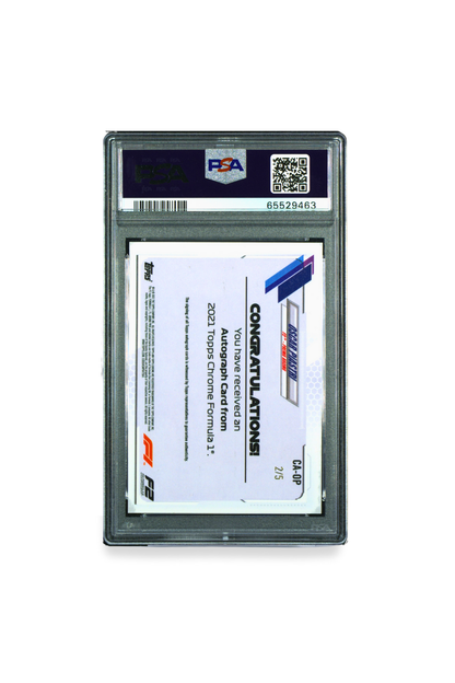 Back of 2021 Topps Chrome F1 Oscar Piastri Red Refractor Autograph card #CA-OP graded PSA 9, congratulatory autograph certificate