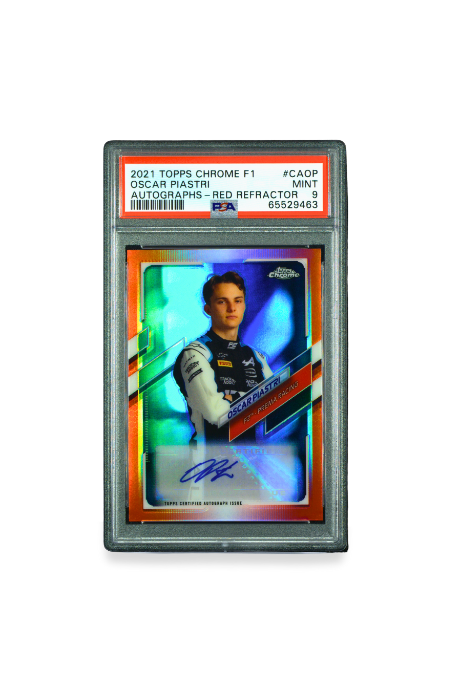 Front: Front of 2021 Topps Chrome F1 Oscar Piastri Red Refractor Autograph card #CA-OP graded PSA 9, serial numbered 2/5