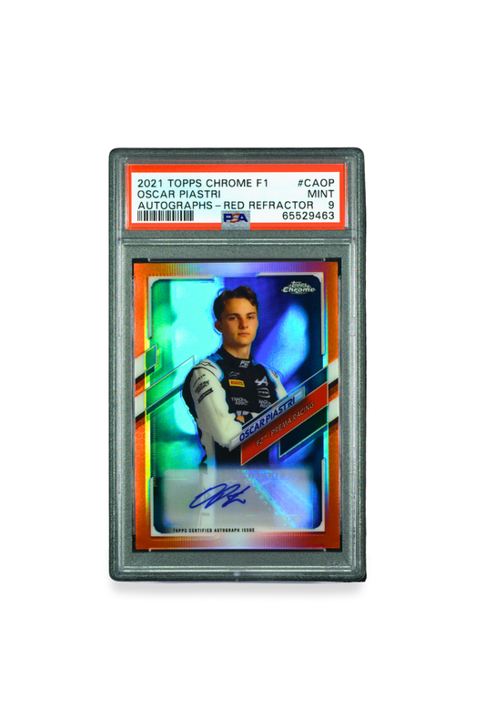 Front: Front of 2021 Topps Chrome F1 Oscar Piastri Red Refractor Autograph card #CA-OP graded PSA 9, serial numbered 2/5