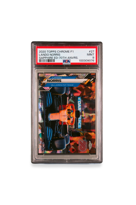 Front of 2020 Topps Chrome F1 Lando Norris Sapphire Edition 70th Anniversary card #27 graded PSA 9