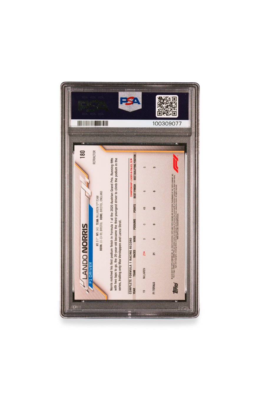 Back of 2020 Topps Chrome F1 Lando Norris Refractor card #180 graded PSA 9