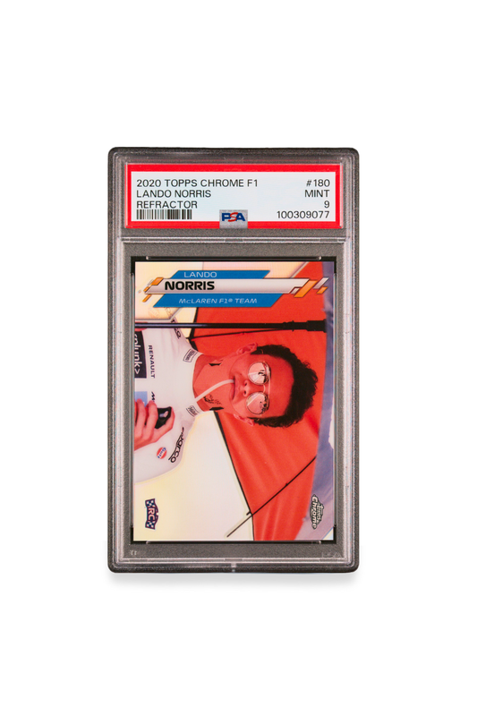 Front of 2020 Topps Chrome F1 Lando Norris Refractor card #180 graded PSA 9