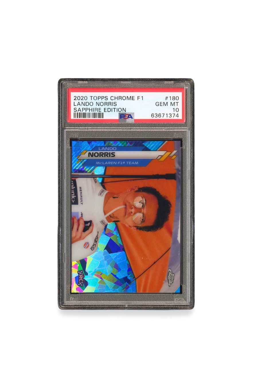 Front of 2020 Topps Chrome F1 Sapphire Edition Lando Norris rookie card #180 graded PSA 10