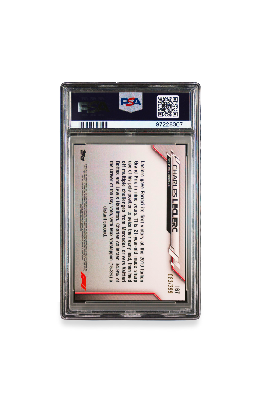 Back of 2020 Topps Chrome F1 Charles Leclerc Purple Refractor card #167 graded PSA 10, serial numbered 083/399