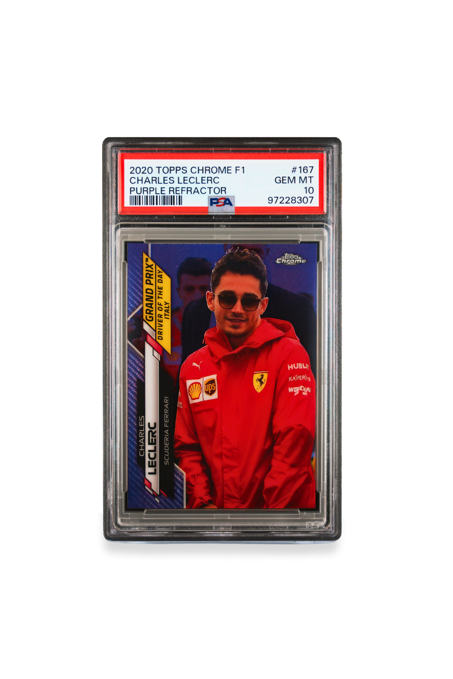 Front of 2020 Topps Chrome F1 Charles Leclerc Purple Refractor card #167 graded PSA 10