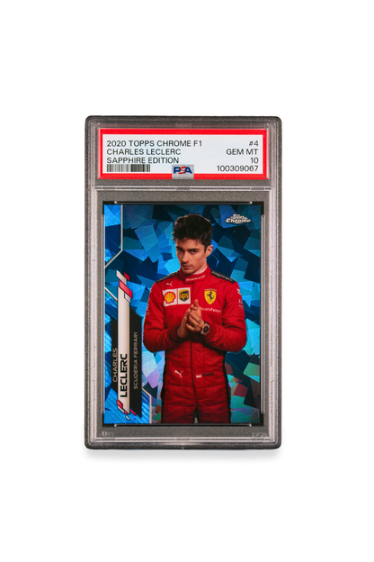 Front of 2020 Topps Chrome F1 Charles Leclerc Sapphire Edition card #4 graded PSA 10