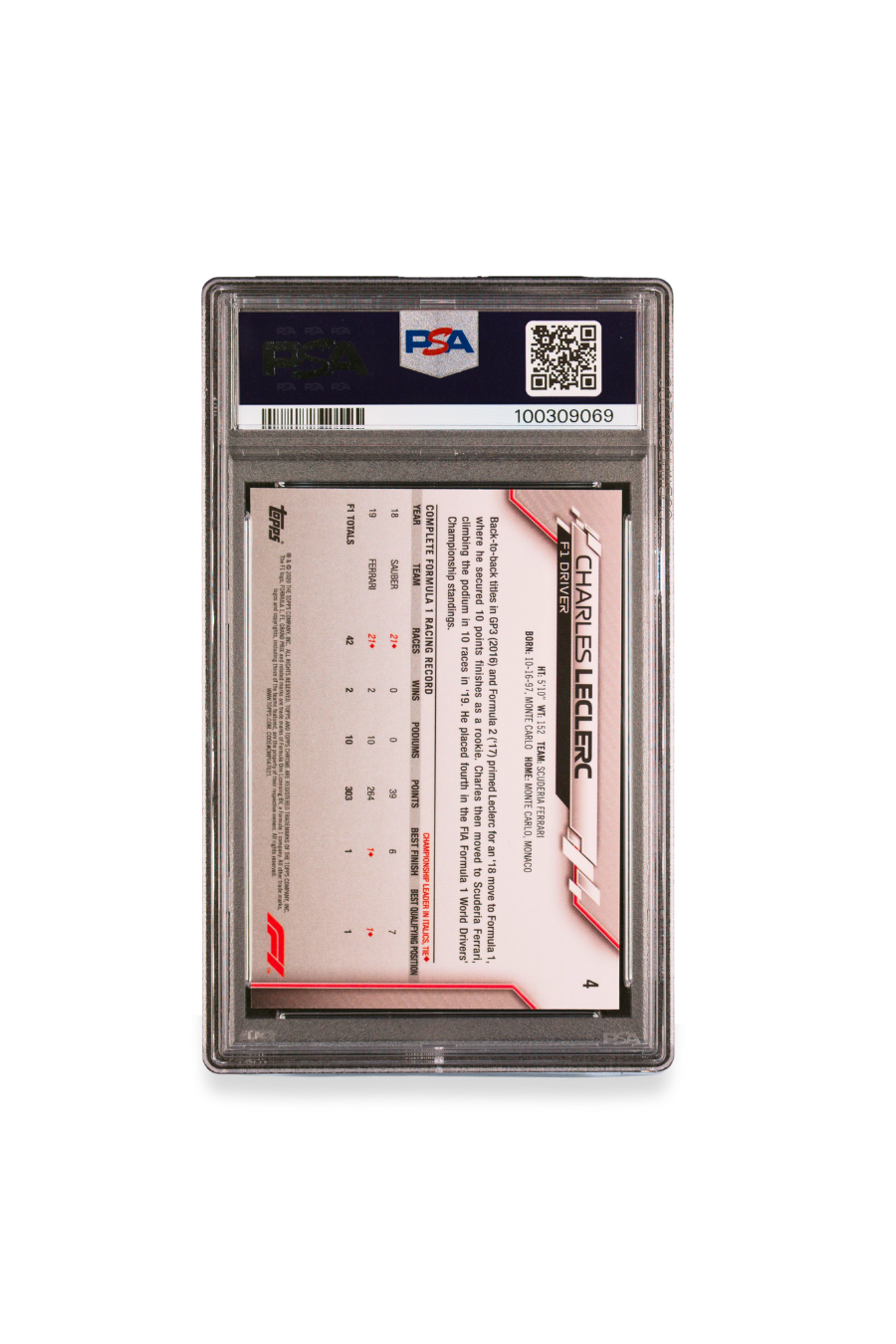 Back of 2020 Topps Chrome F1 Charles Leclerc Sapphire Edition card #4 graded PSA 10